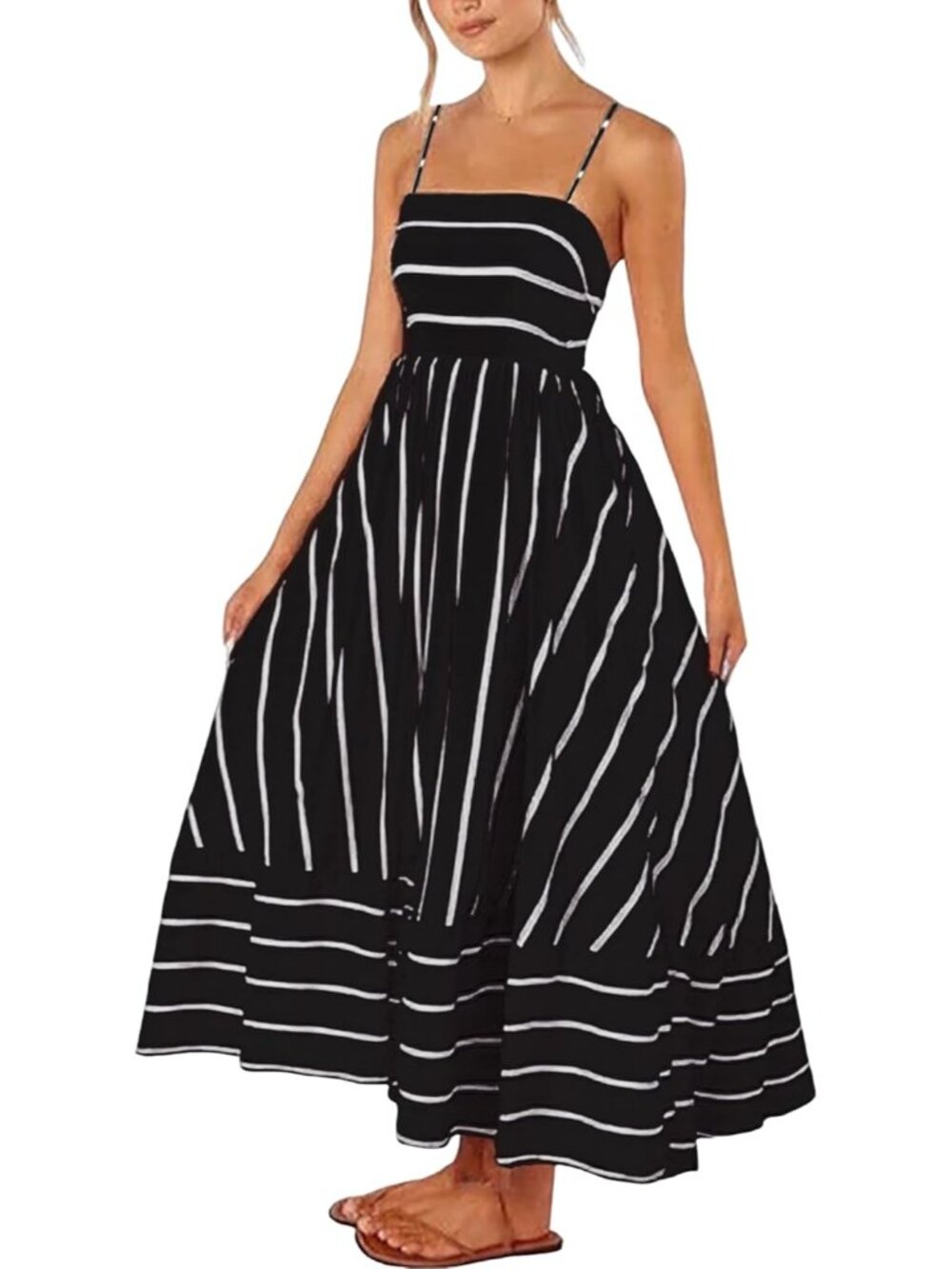 Women's Black Summer Maxi Spaghetti Strap Striped Long Dresses Vacation Beach